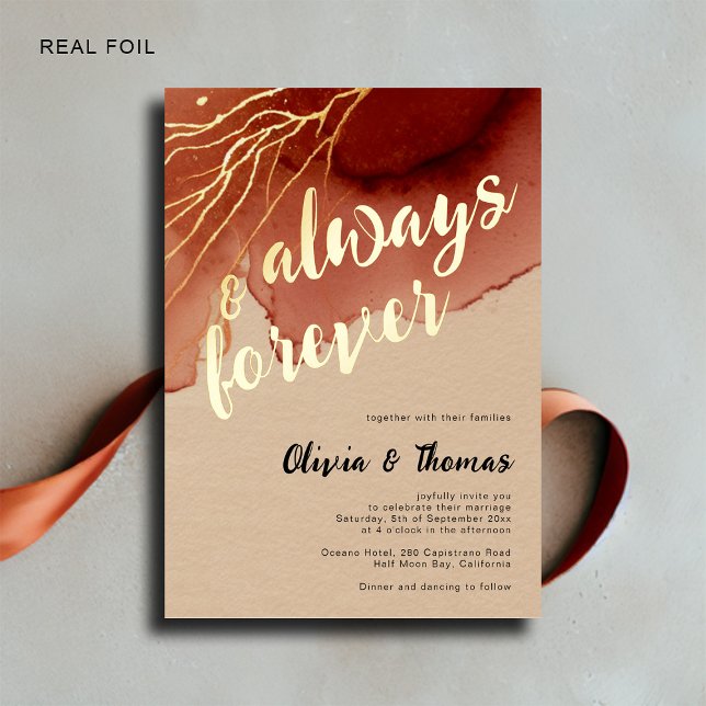 Always Forever Terracotta Beach Fall Wedding Gold Foil Invitation (gold foil modern fall beach wedding invitation always forever romantic calligraphy elegant bohemian)