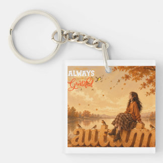 Always Grateful Autumn Girl Sitting on Autumn Keychain