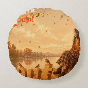 Always Grateful Autumn Girl Sitting on Autumn Round Pillow