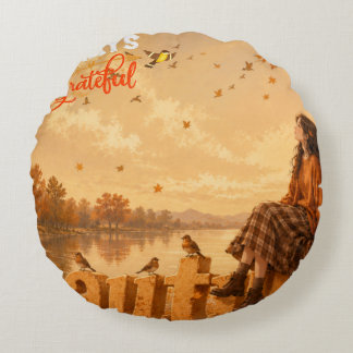 Always Grateful Autumn Girl Sitting on Autumn Round Pillow