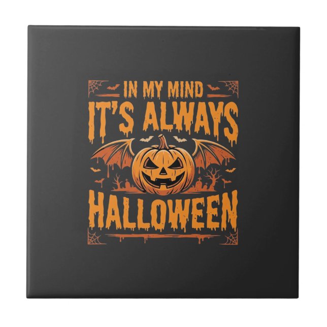 Always Halloween Pumpkin Bat Vector Design_1 Ceramic Tile (Front)