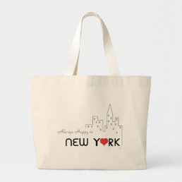 Always Happy in New York with Heart Large Tote Bag