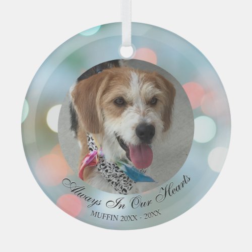 Always In Our Hearts Pet Name Date Photo Blk Text Glass Ornament