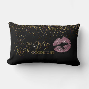 Always Kiss Me Goodnight, Pink Rose Glitter Lips Lumbar Pillow