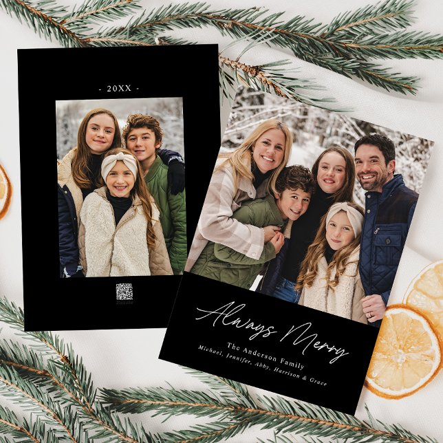 Always Merry Black Minimalist 2 Photo Holiday Card (Creator Uploaded)