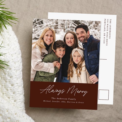 Always Merry Brown Minimalist Photo Holiday Postcard