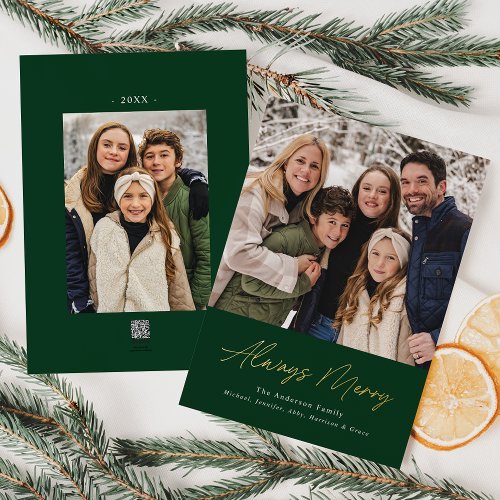 Always Merry Green Minimalist 2 Photo Foil Holiday Card