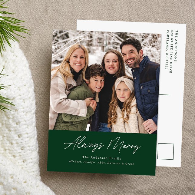 Always Merry Green Minimalist Photo Holiday Postcard (Creator Uploaded)