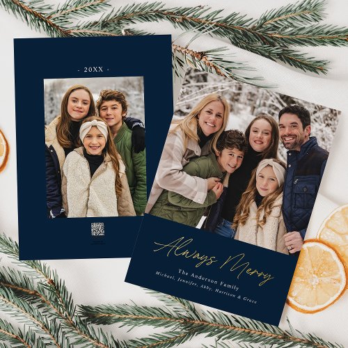 Always Merry Navy Minimalist 2 Photo Foil Holiday Card