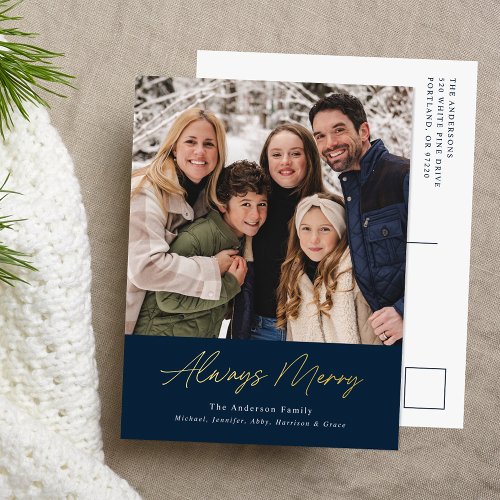 Always Merry Navy Minimalist Photo Foil Holiday Postcard