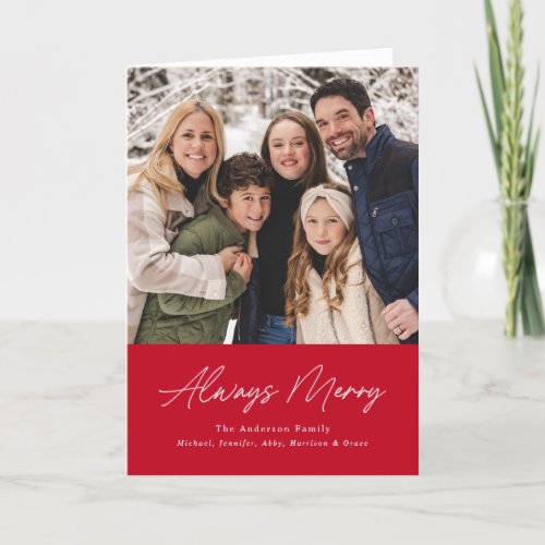 Always Merry Red Minimalist 2 Photo Holiday Card