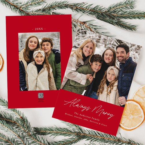 Always Merry Red Minimalist 2 Photo Holiday Card
