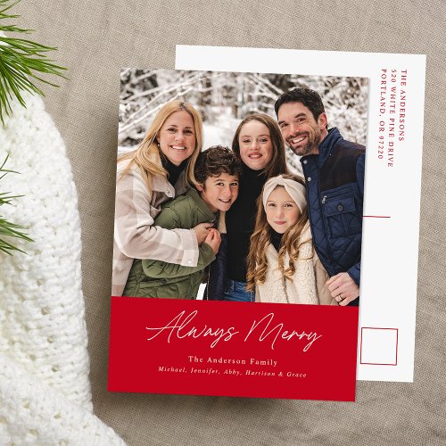 Always Merry Red Minimalist Photo Holiday Postcard