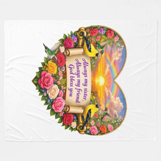 Always my Sister Floral Heart Fleece Blanket (Front (Horizontal))