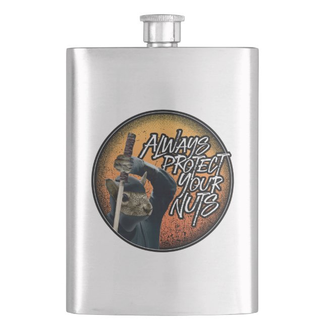 Always Protect Your Nuts - funny ninja squirrel Flask (Front)