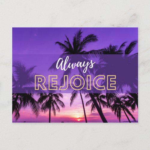 Always Rejoice Purple Palms Sunset Postcard