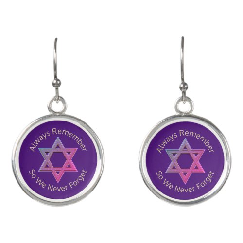 Always Remember Never Forget Purple Star of David Earrings