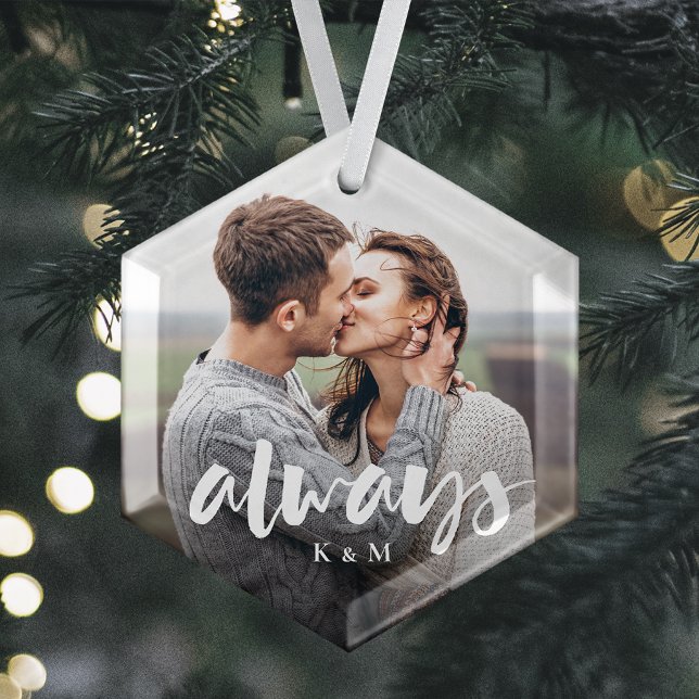 Always Script Overlay Personalized Couples Photo Glass Ornament (Creator Uploaded)