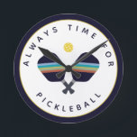 Always Time for Pickleball Paddles Blue Yellow Round Clock<br><div class="desc">The pickleball player or fan in your life will love this clock  featuring striped blue,  teal,  rust and yellow pickleball paddles and the phrase "Always Time For Pickleball." Part of a collection from Parcel Studios.</div>