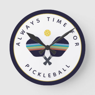 Always Time for Pickleball Paddles Blue Yellow Round Clock