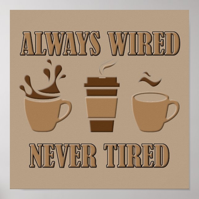 Always Wired Never Tired Funny Coffee Poster Sign (Front)