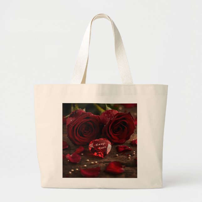 Always Yours Romantic Red Rose Valentine Canvas Large Tote Bag (Front)