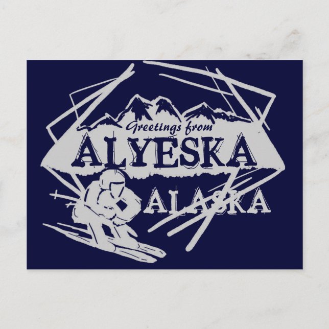 Alyeska Alaska greetings navy skier postcard (Front)