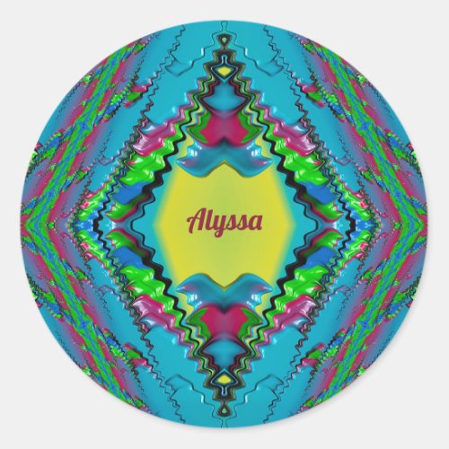 ALYSSA  Black Pink Blue and Yellow Fractal   Classic Round Sticker
