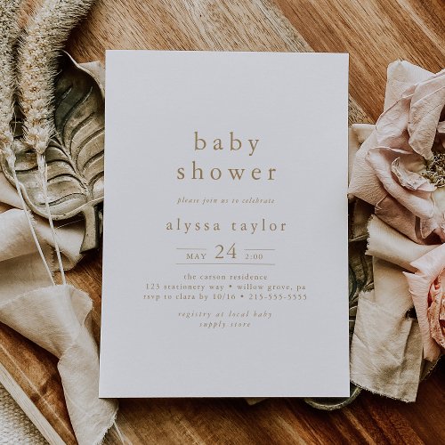 ALYSSA Boho White and Gold Girl Simple Baby Shower Invitation