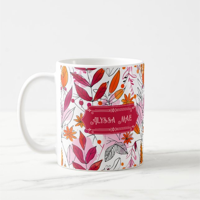 Alyssa Mae Hand Drawn Pink and Orange Foliage Coffee Mug (Left)