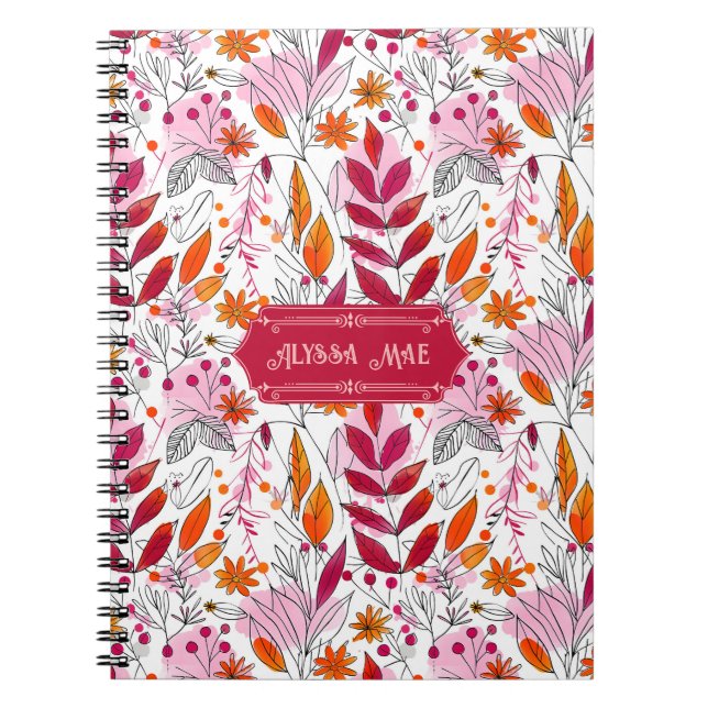 Alyssa Mae Hand Drawn Pink and Orange Foliage Notebook (Front)