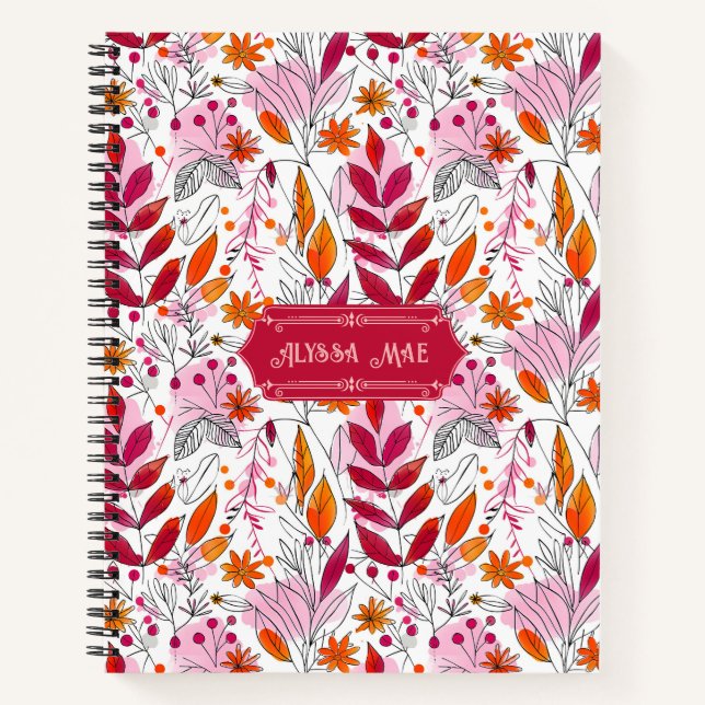 Alyssa Mae Pink and Orange Foliage Deluxe Notebook (Front)