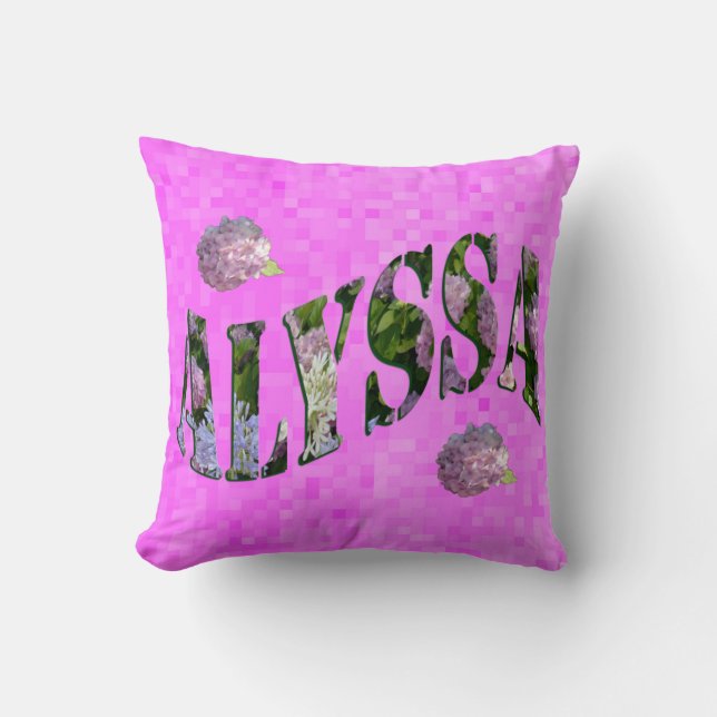 Alyssa Name Logo Made With Hydrangeas, Throw Pillow (Front)