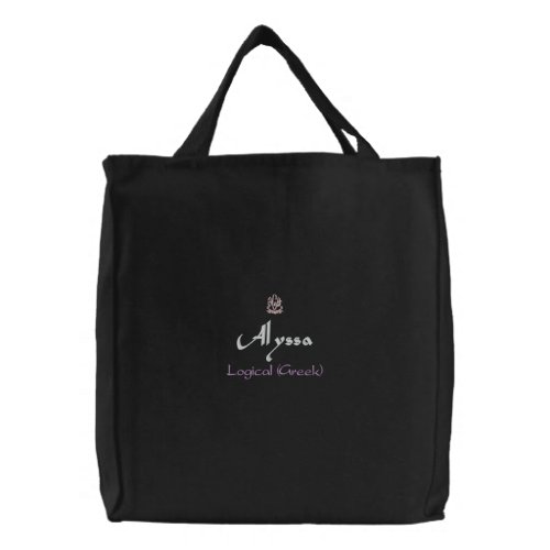 Alyssa Name With Greek Meaning Black Embroidered Tote Bag