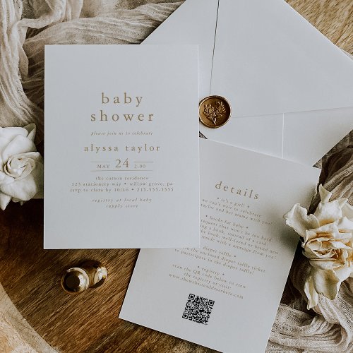 ALYSSA Rustic Gold Boho QR Simple Baby Shower Invitation