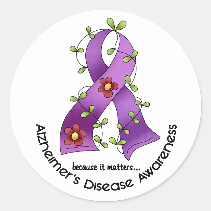 ALZHEIMER’S DISEASE AWARENESS Flower Ribbon 1 Classic Round Sticker ...