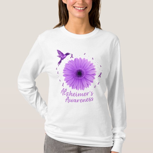 Alzheimer's Awareness Purple Hummingbird Sunflower T-Shirt (Front)