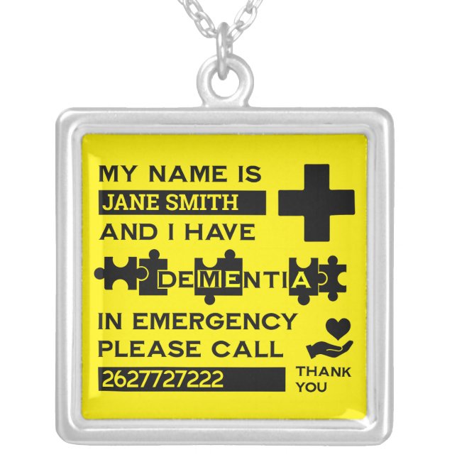  Alzheimer's Dementia Alert Silver Plated Necklace (Front)