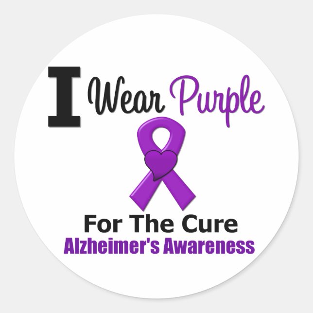 Alzheimer's Disease Purple Ribbon For The Cure Classic Round Sticker (Front)