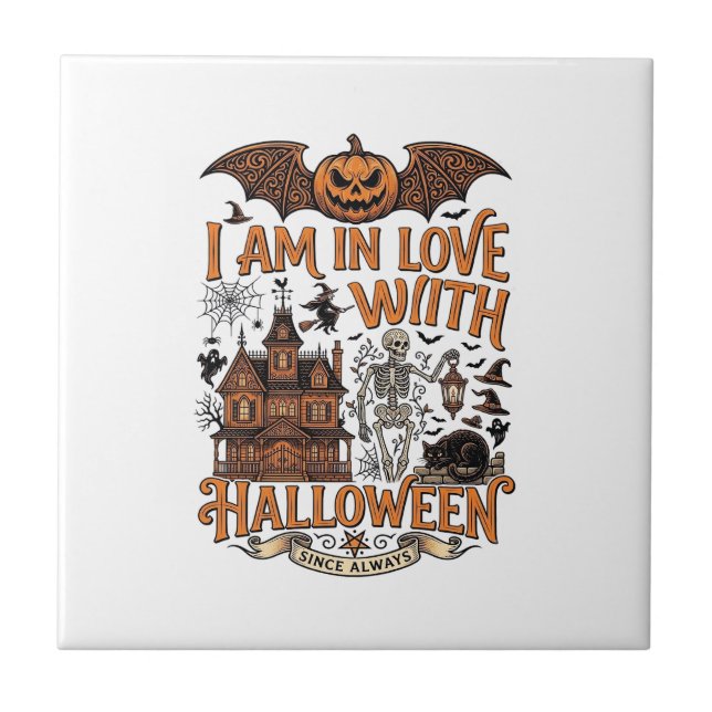 Am Love Halloween Haunted House Skeleton Pumpkin_1 Ceramic Tile (Front)