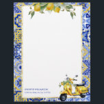 Amalfi Blue Tile Italian Scooter Lemons Capri Letterhead<br><div class="desc">Mediterranean-inspired design with bright blue and yellow Italian Amalfi coast-style tiles with watercolor-painted lemons on yellow scooter.</div>