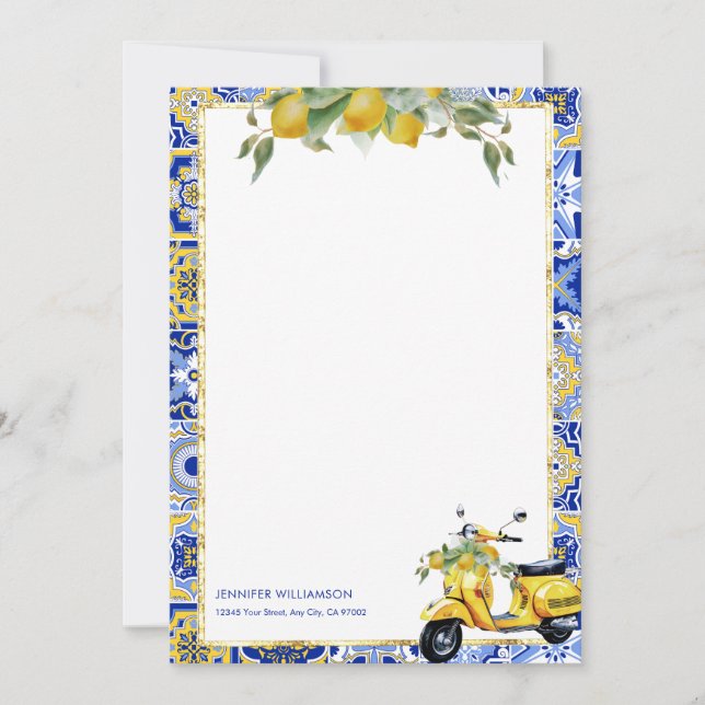 Amalfi Blue Tile Italian Scooter Lemons Notecard (Front)