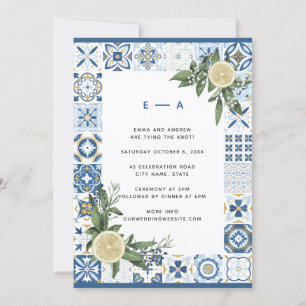 Amalfi Blue Tile Watercolor Lemon Citrus Wedding Invitation