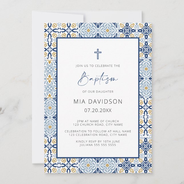 Amalfi Blue Yellow Tile Mediterranean Baptism Invitation (Front)
