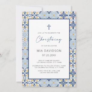 Amalfi Blue Yellow Tile Mediterranean Christening  Invitation