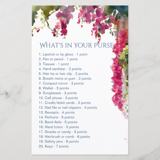 Amalfi bridal shower games whats in your purse (Front)