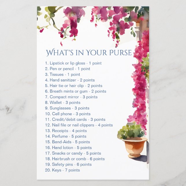 Amalfi bridal shower games whats in your purse (Front)