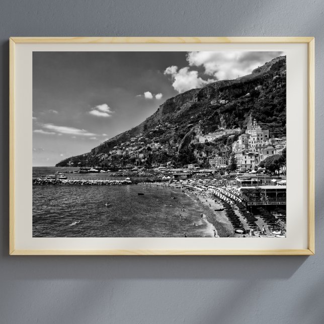 Amalfi Coast Black And Photography Poster (Captivating Amalfi Coast: Timeless Beauty in Striking Black and White Photography.)