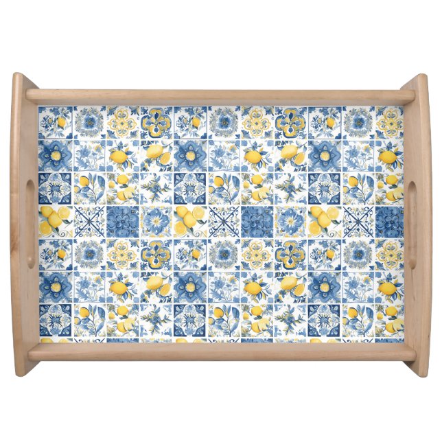 Amalfi Coast Blue Tile Mediterranean Lemon  Serving Tray (Front)