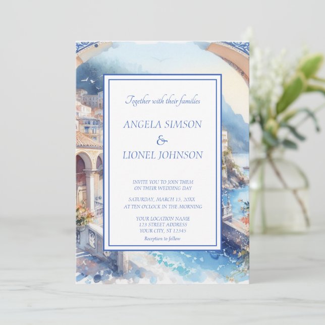 Amalfi Coast Blue Tiles Italy Personalized Photo Invitation (Standing Front)
